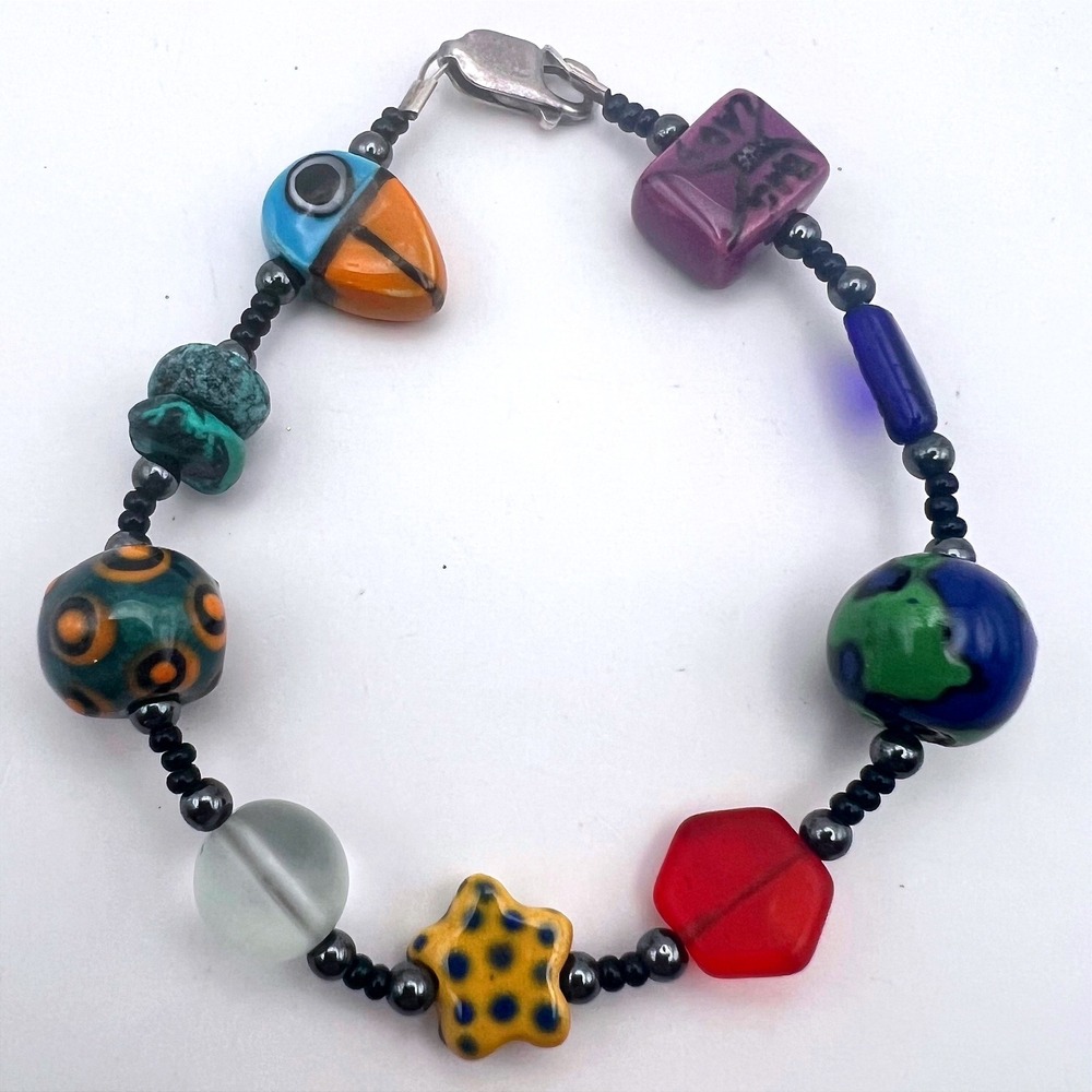 Artisan Crafted Colorful Lampwork Glass Bead Bracelet‎ Unique Design Jewelry 925